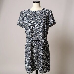 J Crew Floral Print Short Sleeve Belted Dress Navy Blue Women's Size 12